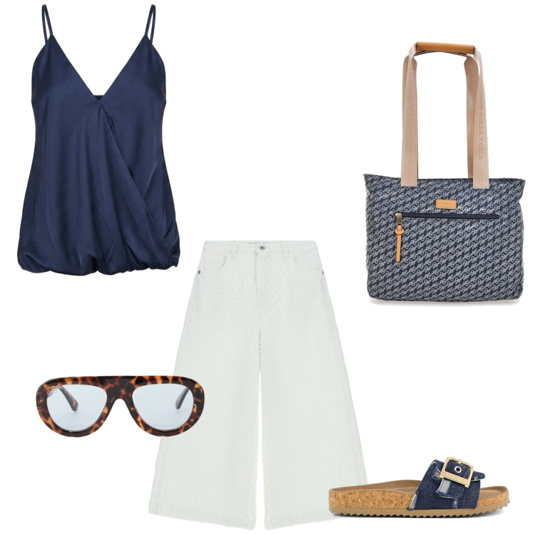 Outfit donna - Afa in città. Abbinamento con pantaloni a palazzo, occhiali da sole, top, sandali, borse a spalla.