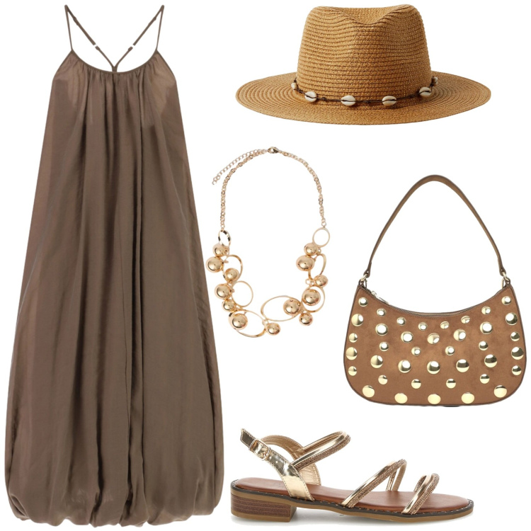 Outfit donna - Maxi dress. Stile Casual chic per Tutti i giorni. Abbinamento con cappelli, borse a tracolla, vestiti lunghi, collane, sandali col tacco.
