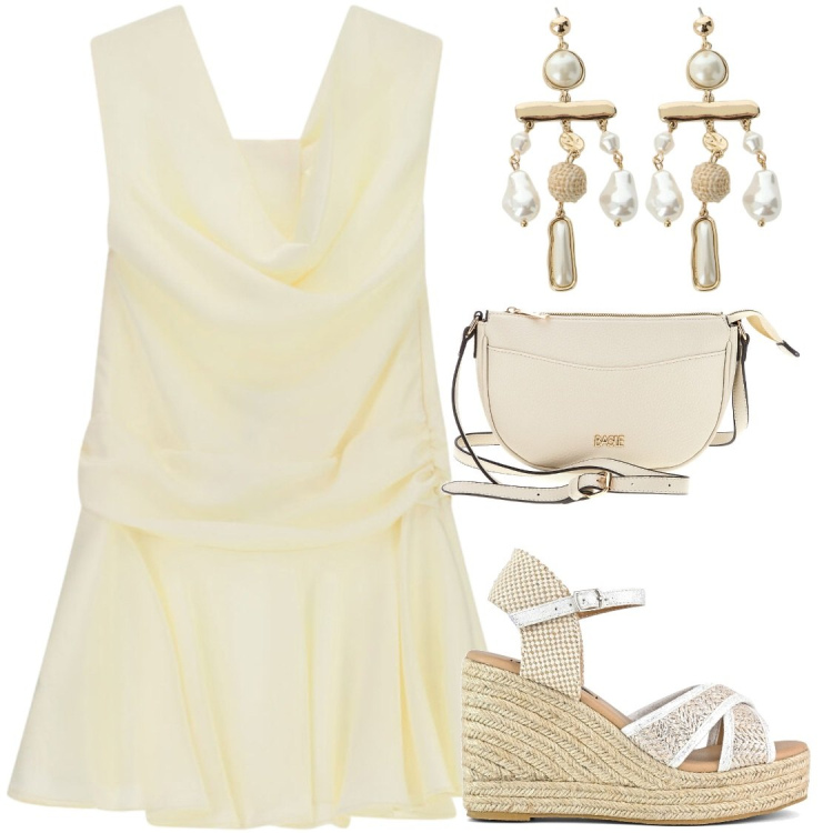Outfit donna - Senza pensieri. Stile Chic per Serata fuori. Abbinamento con orecchini, vestiti corti, zeppe, borse a tracolla.