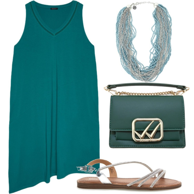 Outfit donna - Il verde turchese con argento. Stile Chic per Serata fuori. Abbinamento con collane, vestiti asimmetrici, sandali, borse a tracolla.