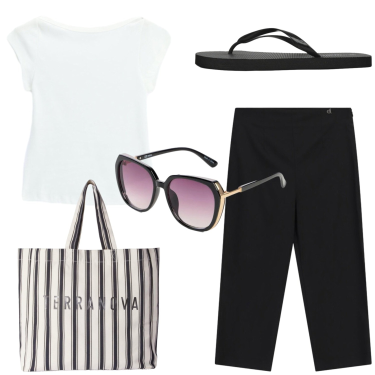 Outfit donna - In valigia per un weekend al mare. Stile Minimal per Mare. Abbinamento con occhiali da sole, infradito, shopping bag, pantaloni capri, top.