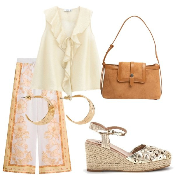 Outfit donna - Estate. Stile Casual per Tutti i giorni. Abbinamento con pantaloni a palazzo, orecchini, top, borse a tracolla, zeppe.