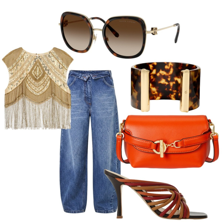 Outfit donna - Total look #2449539. Stile Urban per Mare. Abbinamento con sandali col tacco, top, jeans mom, occhiali da sole, braccialetti, borse a tracolla.