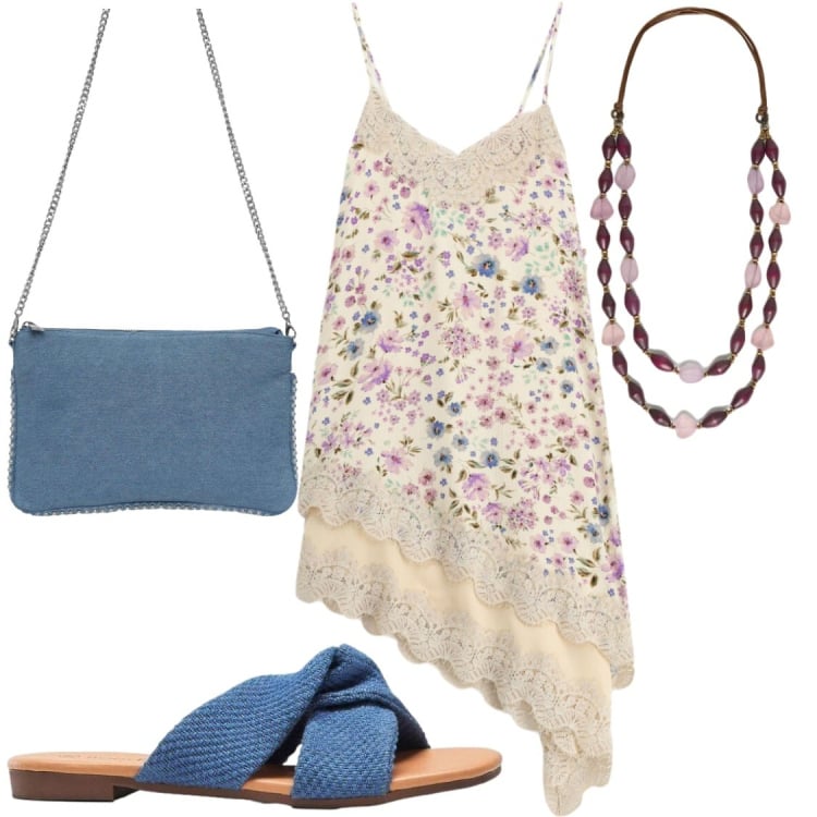 Outfit donna - Fiori lilla e aazzurri. Stile Chic per Serata fuori. Abbinamento con ciabatte, borse a tracolla, vestiti midi/longuette, collane.