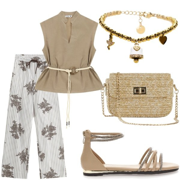 Outfit donna - Serata tra amici. Stile Casual chic per Tutti i giorni. Abbinamento con borse a tracolla, pantaloni a palazzo, camicie, braccialetti, sandali.