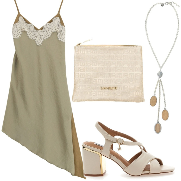 Outfit donna - Serate di ballo. Stile Chic per Serata fuori. Abbinamento con vestiti asimmetrici, collane, sandali col tacco, pochette.