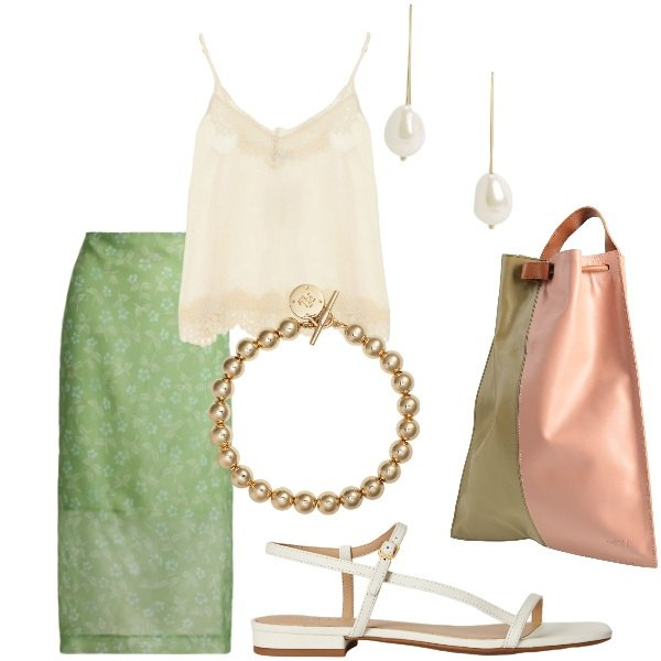 Outfit donna - Estate. Stile Casual chic per Serata fuori. Abbinamento con zaini, top, gonne longuette, braccialetti, sandali in pelle, orecchini.