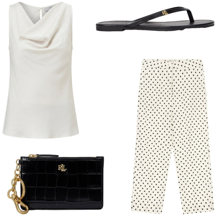 Outfit donna - Bianco e nero effetto sofisticato. Stile Chic per Tutti i giorni. Abbinamento con pantaloni, canottiere, portafogli, ciabatte.