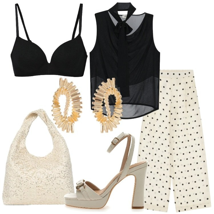 Outfit donna - Aperitivo vista mare - @francine. Stile Trendy per Serata fuori. Abbinamento con reggiseni, borse a spalla, orecchini, pantaloni a palazzo, top, sandali col tacco.