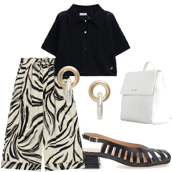 Outfit donna - Estate. Stile Casual per Tutti i giorni. Abbinamento con zaini, maglieria, pantaloni a palazzo, orecchini, décolleté.