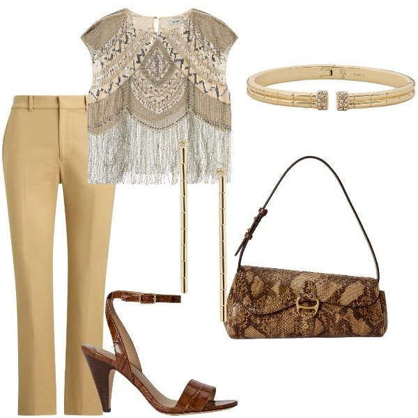 Outfit donna - A cena fuori. Stile Casual chic per Serata fuori. Abbinamento con top, borse a tracolla, orecchini, braccialetti, pantaloni, sandali in pelle.