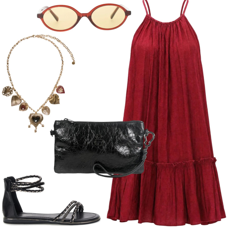 Outfit donna - Abito bordeaux. Stile Casual chic per Tutti i giorni. Abbinamento con vestiti corti, occhiali da sole, collane, pochette, sandali.