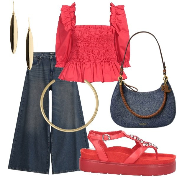 Outfit donna - Serata tra amici. Stile Casual chic per Serata fuori. Abbinamento con top, ciabatte, jeans, borse a spalla, orecchini, collane.