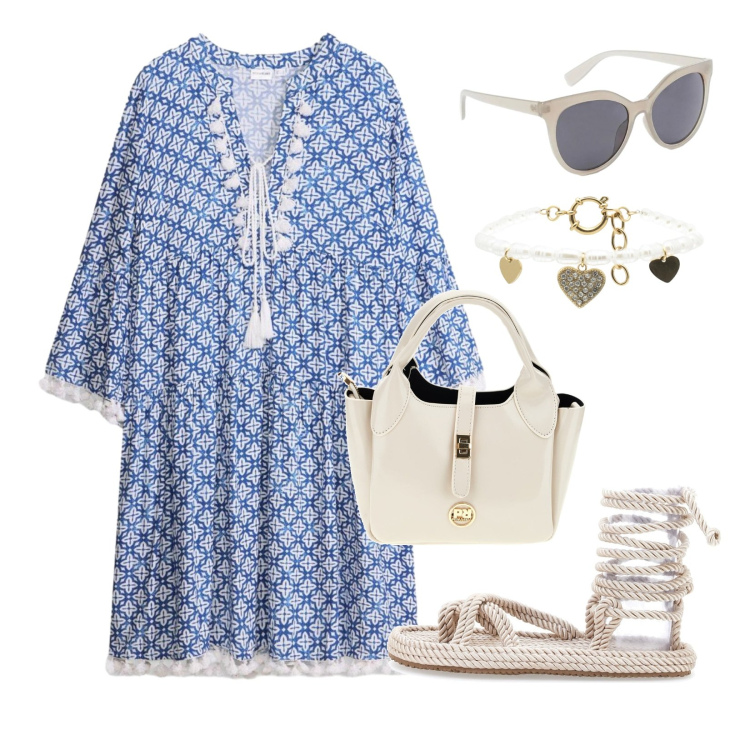 Outfit donna - Dal fascino vacanziero. Stile Boho per Tutti i giorni. Abbinamento con vestito corto, occhiali da sole, braccialetti, sandali, borse a mano.