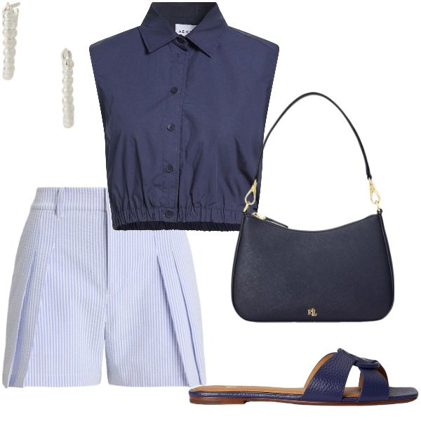 Outfit donna - Estate. Stile Casual chic per Serata fuori. Abbinamento con camicie, orecchini, borse a spalla, sandali in pelle, shorts.