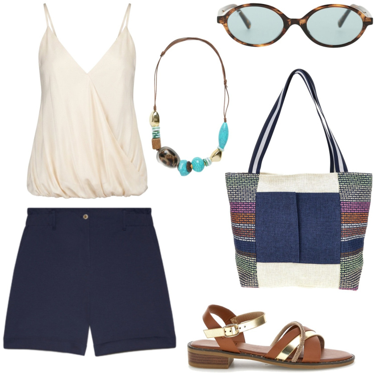 Outfit donna - Un outfit versatile. Stile Casual chic per Tutti i giorni. Abbinamento con occhiali da sole, top, collane, pantaloni corti, shopping bag, sandali.