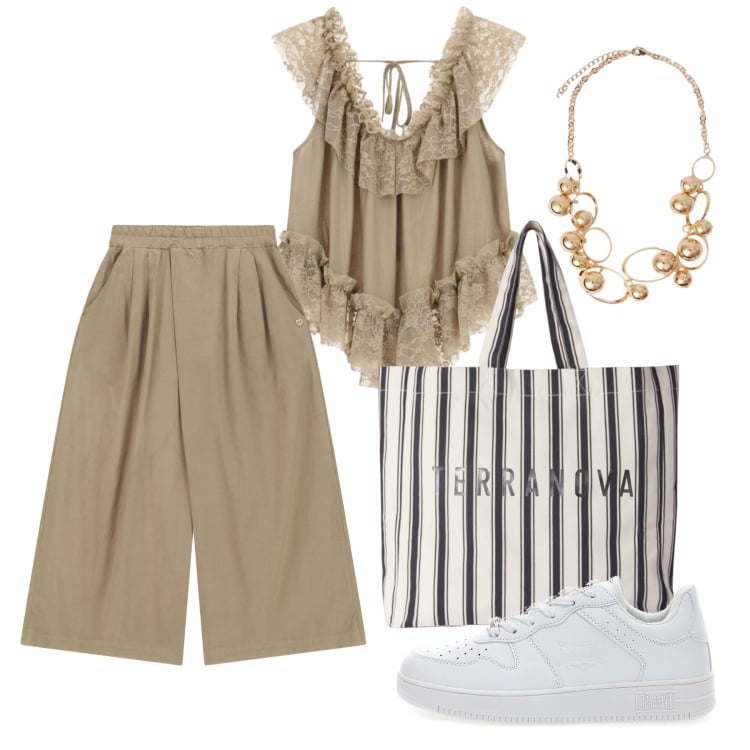 Outfit donna - Agosto. Stile Trendy per Tutti i giorni. Abbinamento con shopping bag, top, pantaloni a palazzo, collane, sneakers.