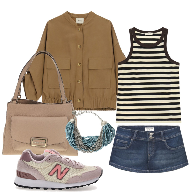 Outfit donna - Agosto. Stile Casual chic per Tutti i giorni. Abbinamento con shorts, cappotti, braccialetti, top, sneakers, borse a spalla.