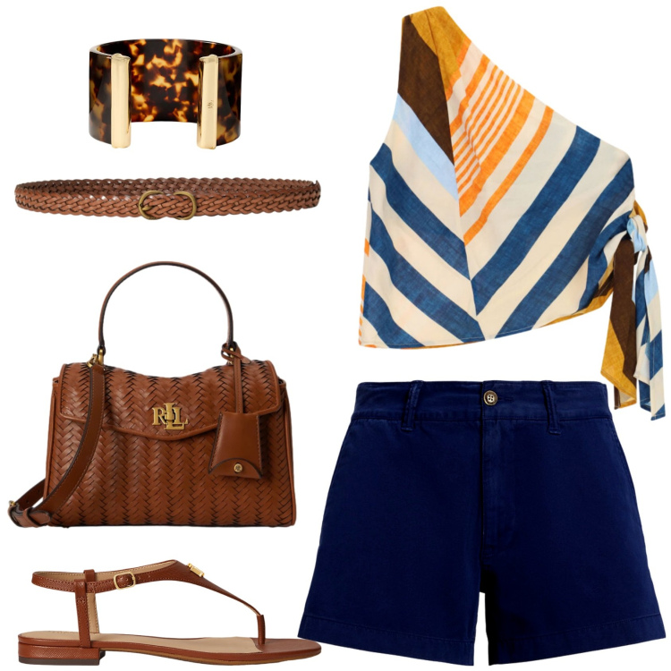 Outfit donna - Pratico e versatile. Stile Casual chic per Tutti i giorni. Abbinamento con top, shorts, sandali in pelle, cinture, borse a mano, braccialetti.