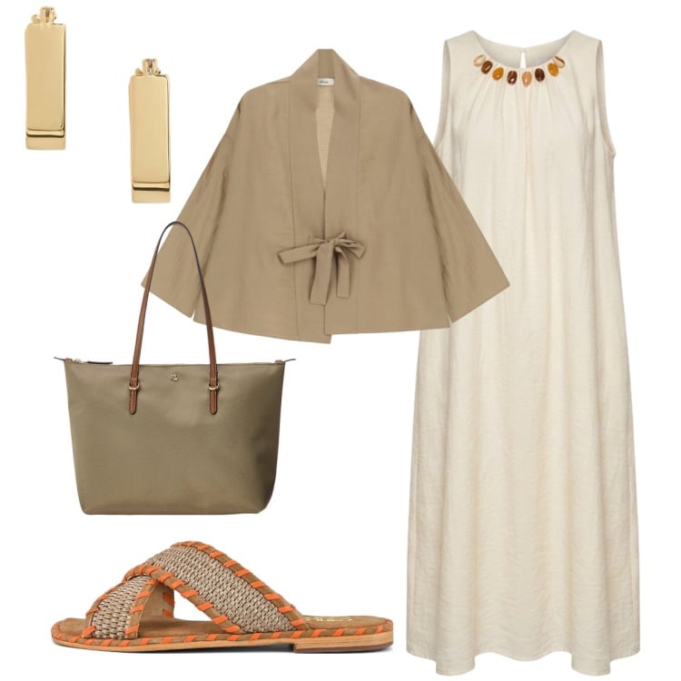Outfit donna - Serata romantica d’agosto. Stile Romantica per Serata fuori. Abbinamento con blazer, vestiti midi/longuette, borse tote, orecchini, ciabatte.