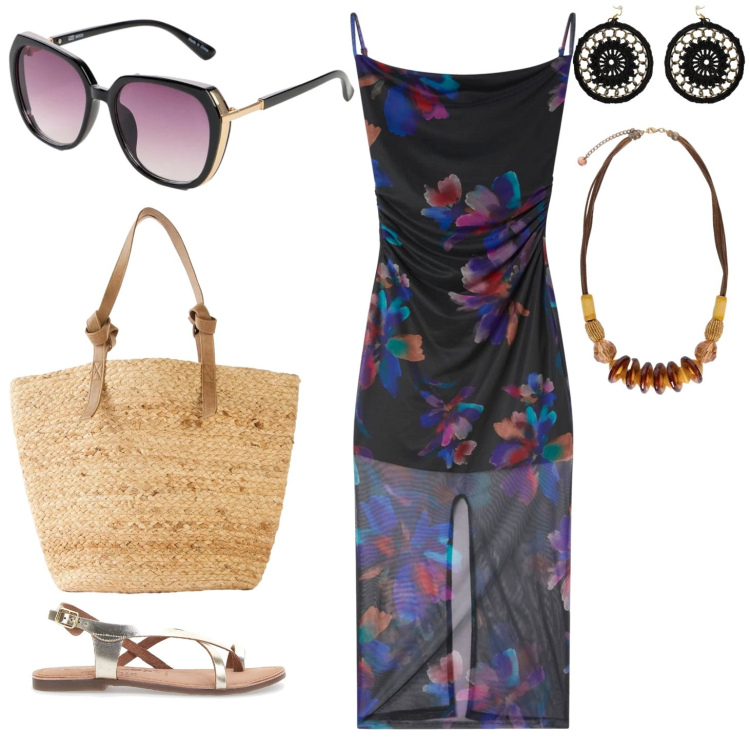 Outfit donna - Tulle di giorno. Stile Boho per Tutti i giorni. Abbinamento con shopping bag, occhiali da sole, vestiti lunghi, orecchini, collane, sandali in pelle.