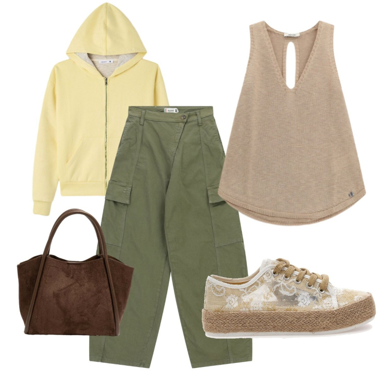 Outfit donna - Viaggio in aereo. Stile Basic per Tutti i giorni. Abbinamento con felpe con cappuccio, pantaloni cargo, top, borse a spalla, sneakers.