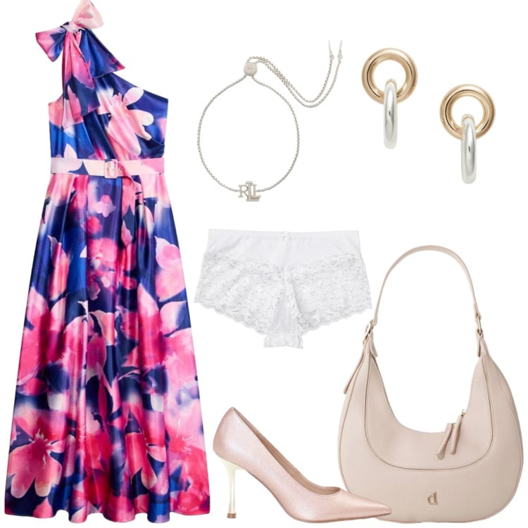 Outfit donna - Colori vivaci per l\'abito monospalla. Stile Glamour per Cerimonia. Abbinamento con culotte, vestiti asimmetrici, borse a tracolla, décolleté, orecchini, braccialetti.