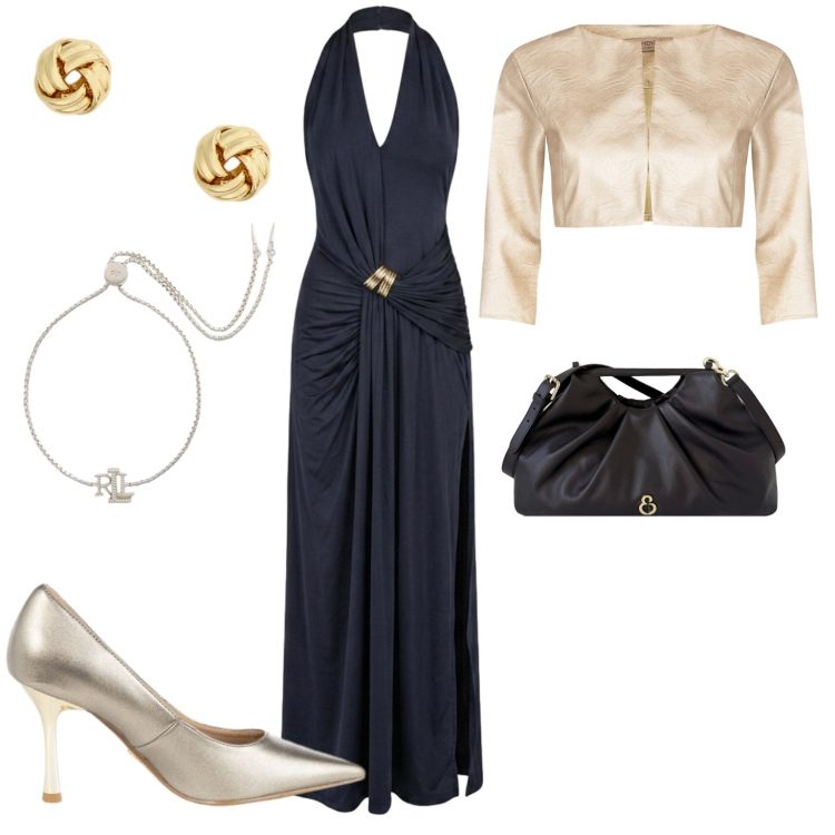 Outfit donna - Freschezza regale. Stile Chic per Cerimonia. Abbinamento con bolero, décolleté, vestiti lunghi, braccialetti, orecchini, clutch.