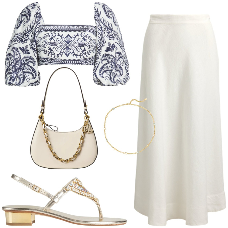 Outfit donna - Look fresco e mediterraneo. Stile Glamour per Tutti i giorni. Abbinamento con infradito, top, borse a spalla, collane, gonne.