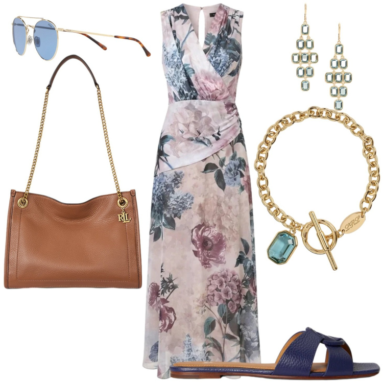 Outfit donna - Georgette di giorno. Stile Romantica per Tutti i giorni. Abbinamento con vestiti lunghi, borse tote, occhiali da sole, sandali in pelle, orecchini, braccialetti.