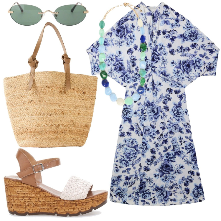 Outfit donna - Tutti i colori del Mediterraneo. Stile Casual chic per Tutti i giorni. Abbinamento con shopping bag, vestiti lunghi, occhiali da sole, collane, sandali in pelle.