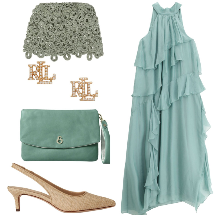 Outfit donna - Cerimonia ad agosto. Stile Chic per Cerimonia. Abbinamento con vestiti lunghi, accessori per capelli, orecchini, décolleté, pochette.