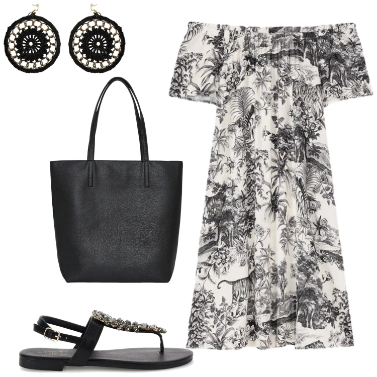 Outfit donna - Agosto in città. Stile Casual chic per Tutti i giorni. Abbinamento con borse tote, orecchini, vestiti corti, sandali gioiello.