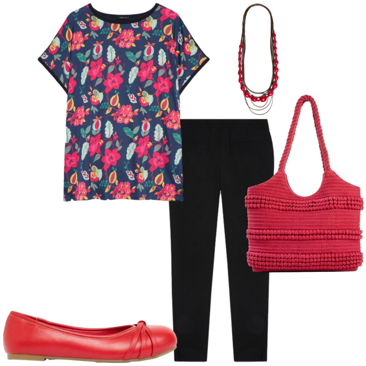 Outfit donna - Blusa fiorata. Stile Casual chic per Tutti i giorni. Abbinamento con shopping bag, ballerine, collane, pantaloni skinny, bluse.