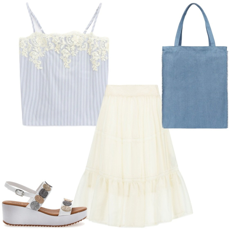 Outfit donna - Pomeriggi. Stile Chic per Tutti i giorni. Abbinamento con borse tote, top, gonne lunghe, sandali.