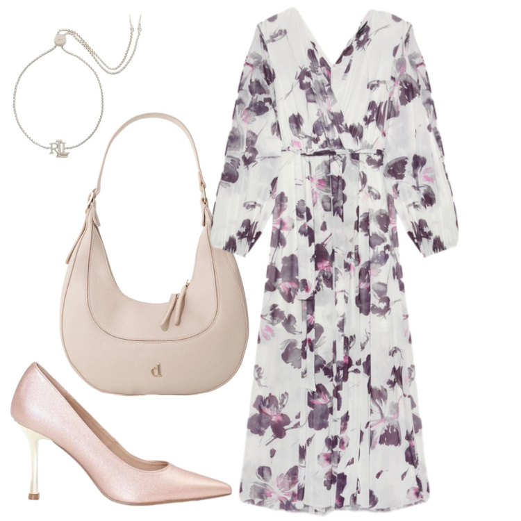 Outfit donna - Serate d\'agosto. Stile Romantica per Cerimonia. Abbinamento con borse a tracolla, décolleté, vestiti lunghi, braccialetti.