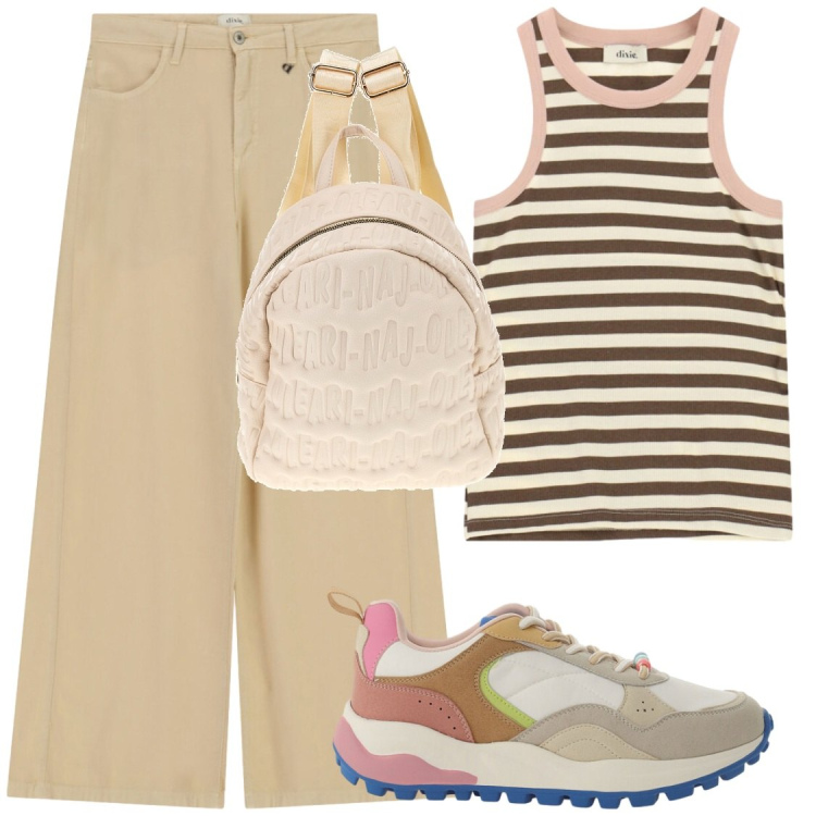 Outfit donna - Visite turistiche. Stile Chic per Tutti i giorni. Abbinamento con pantaloni a palazzo, sneakers, canottiere, zaini.