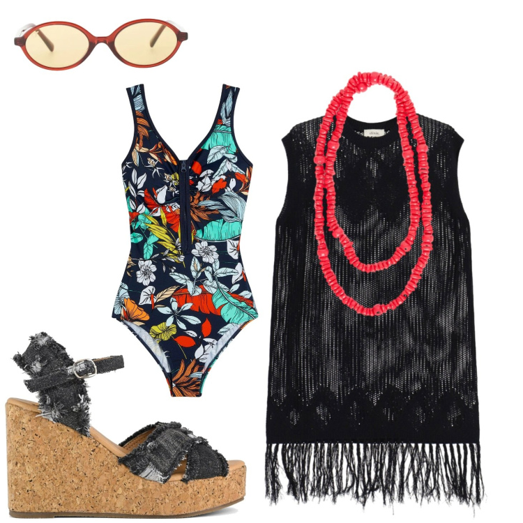 Outfit donna - Aperitivo in spiaggia. Stile Vintage retrò per Mare. Abbinamento con costumi interi, occhiali da sole, vestiti corti, collane, zeppe.