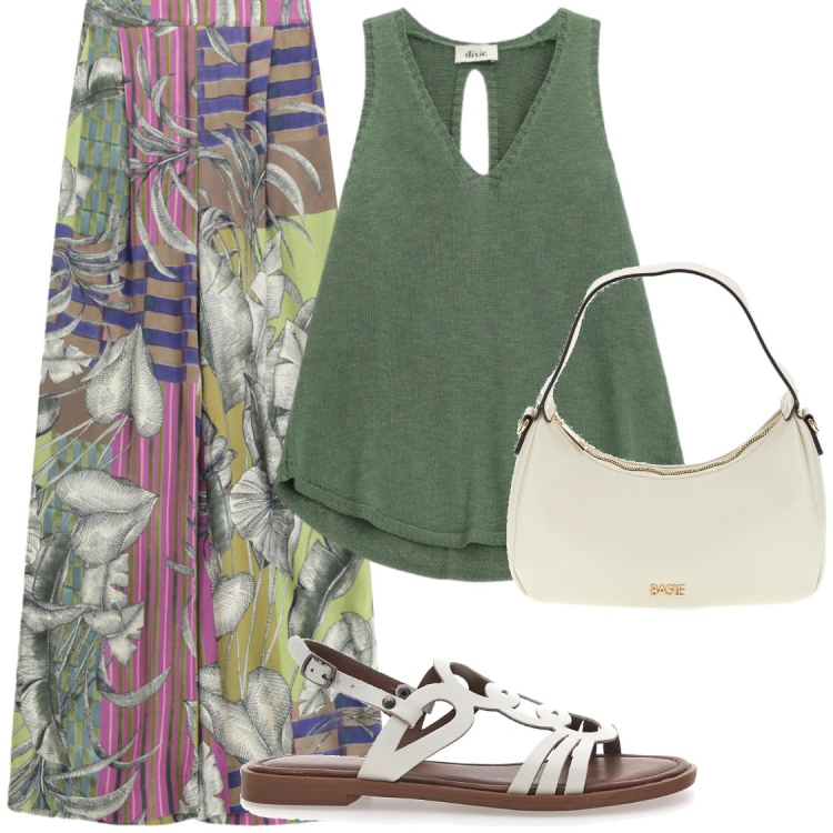 Outfit donna - Comoda e fresca. Stile Chic per Ufficio. Abbinamento con canottiere, pantaloni a palazzo, sandali, borse a tracolla.