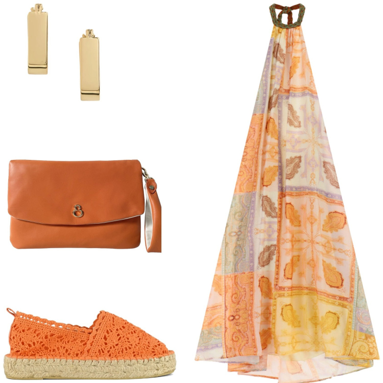 Outfit donna - Maxi dress paisley. Stile Casual chic per Serata fuori. Abbinamento con vestiti lunghi, orecchini, pochette, espadrillas.