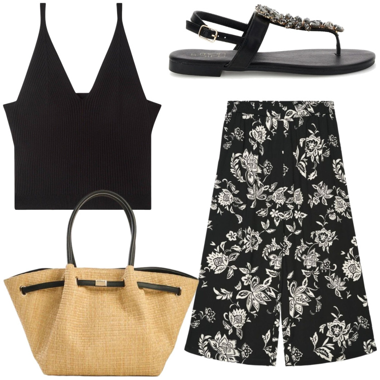 Outfit donna - Look che sa di vacanza. Stile Casual per Tutti i giorni. Abbinamento con shopping bag, top, pantaloni a palazzo, sandali gioiello.