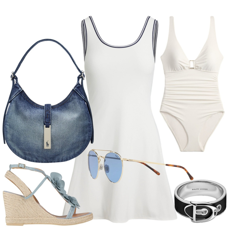 Outfit donna - Aperitivo in barca. Stile Casual chic per Mare. Abbinamento con espadrillas, occhiali da sole, vestiti corti, costumi interi, borse a spalla, anelli.