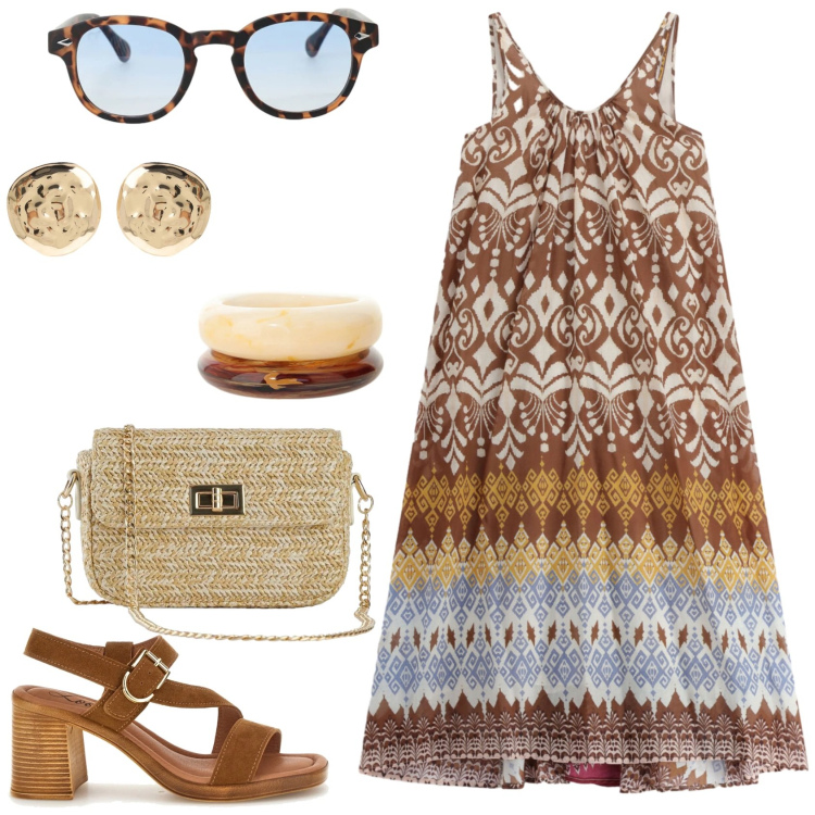 Outfit donna - Maxi dress al tramonto. Stile Casual chic per Serata fuori. Abbinamento con borse a tracolla, occhiali da sole, braccialetti, orecchini, vestiti lunghi, sandali col tacco.
