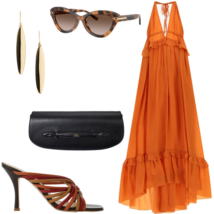 Outfit donna - Maxi dress per l\'apericena. Stile Chic per Serata fuori. Abbinamento con sandali col tacco, vestiti lunghi, clutch, occhiali da sole, orecchini.