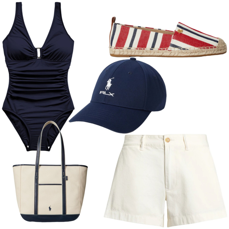 Outfit donna - Ferragosto in navy style. Stile Casual chic per Mare. Abbinamento con shorts, borse tote, espadrillas, cappelli con visiera, costumi interi.