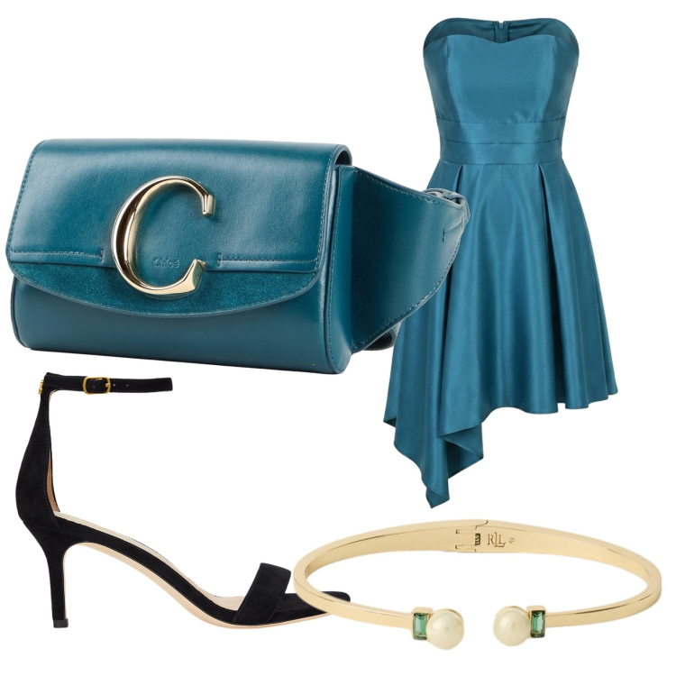 Outfit donna - Cena galante sul mare. Stile Glamour per Serata fuori. Abbinamento con marsupi, vestiti asimmetrici, sandali in pelle, braccialetti.