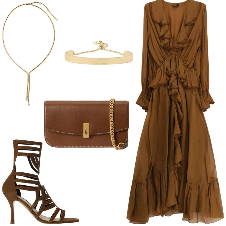 Outfit donna - Maxi dress per una cena all\'aperto!. Stile Casual chic per Serata fuori. Abbinamento con vestiti midi/longuette, sandali col tacco, clutch, collane, braccialetti.