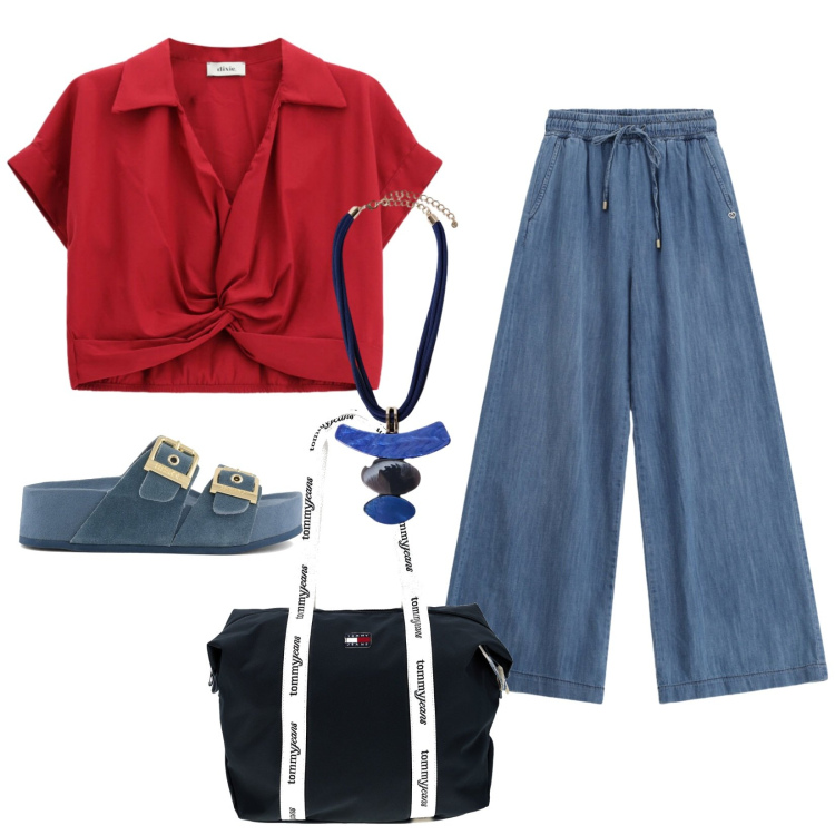 Outfit donna - Grigliata di Ferragosto. Stile Casual per Tutti i giorni. Abbinamento con jeans, top, ciondoli, ciabatte, shopping bag.
