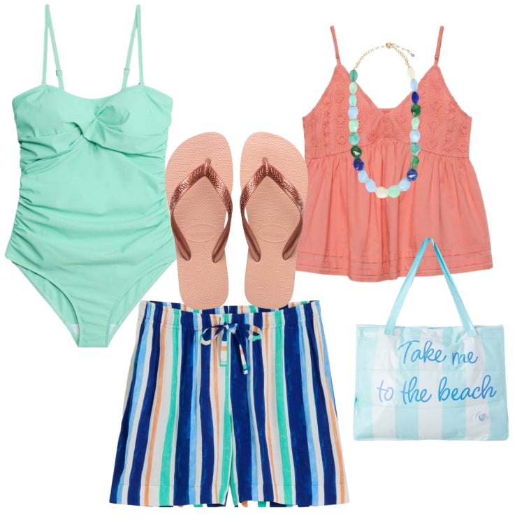 Outfit donna - Ferragosto al parco acquatico. Stile Casual per Mare. Abbinamento con shorts, costumi interi, canottiere, borse tote, collane, infradito.