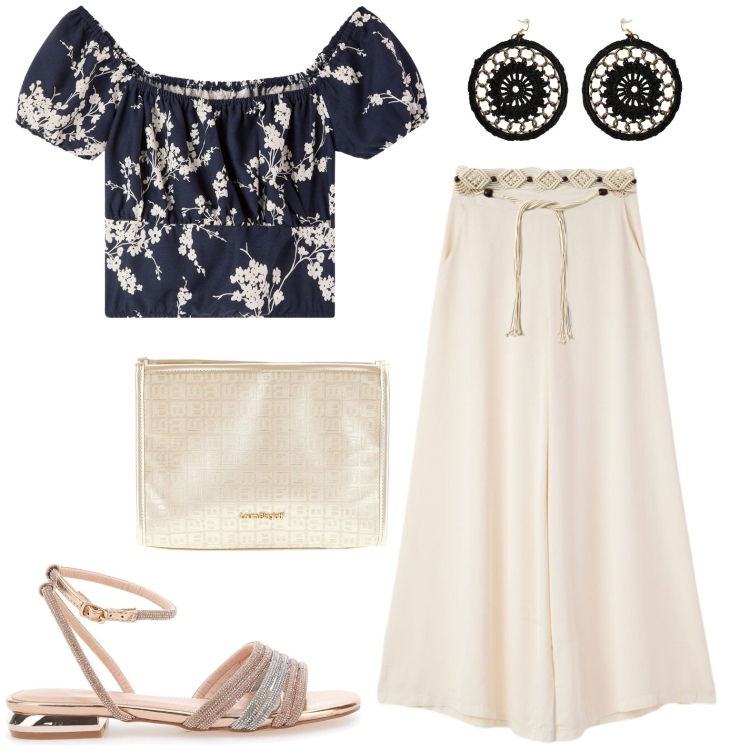 Outfit donna - Di giorno. Stile Casual per Tutti i giorni. Abbinamento con bluse, cinture, pantaloni, orecchini, sandali, pochette.